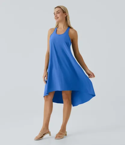 Backless Side-Pocket High-Low Hem Flowy Mid-Length Quick-Drying Casual Dress