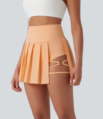 High Waisted Pleated 2-in-1 Side & Pocket Asymmetric Hem Quick Dry Mini Dance Skirt