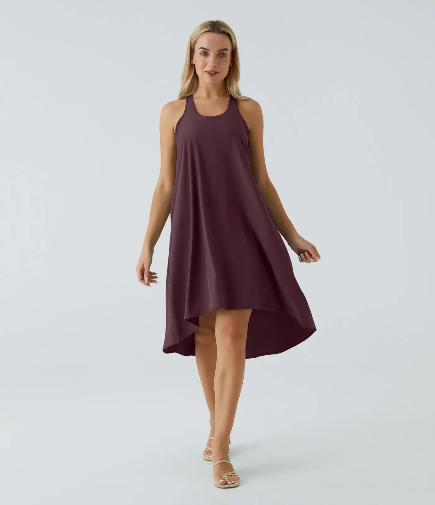 Backless Side-Pocket High-Low Hem Flowy Mid-Length Quick-Drying Casual Dress
