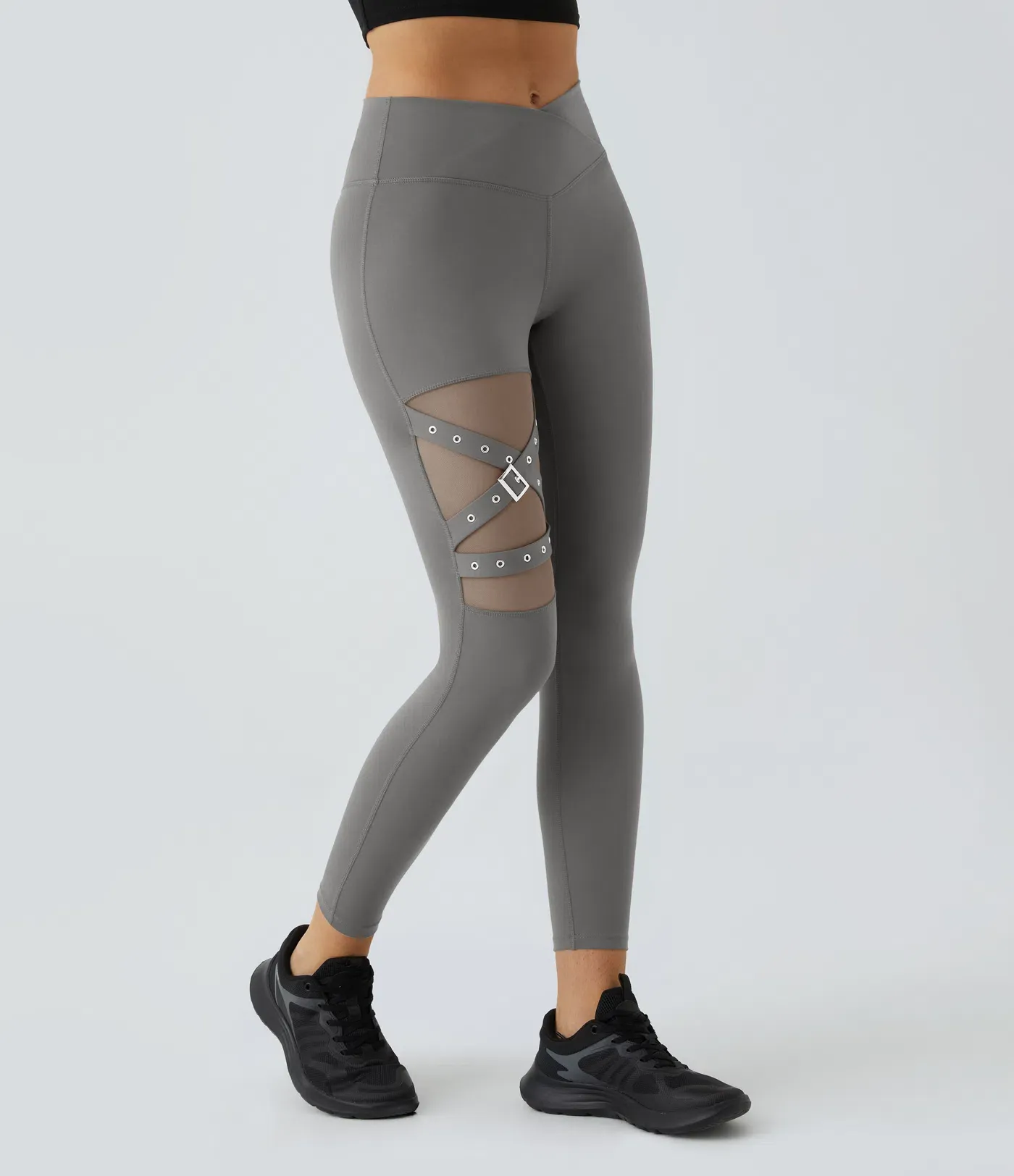 DayStretch High Waisted Crossover Contrast Mesh Decorative Buckle Yoga Leggings