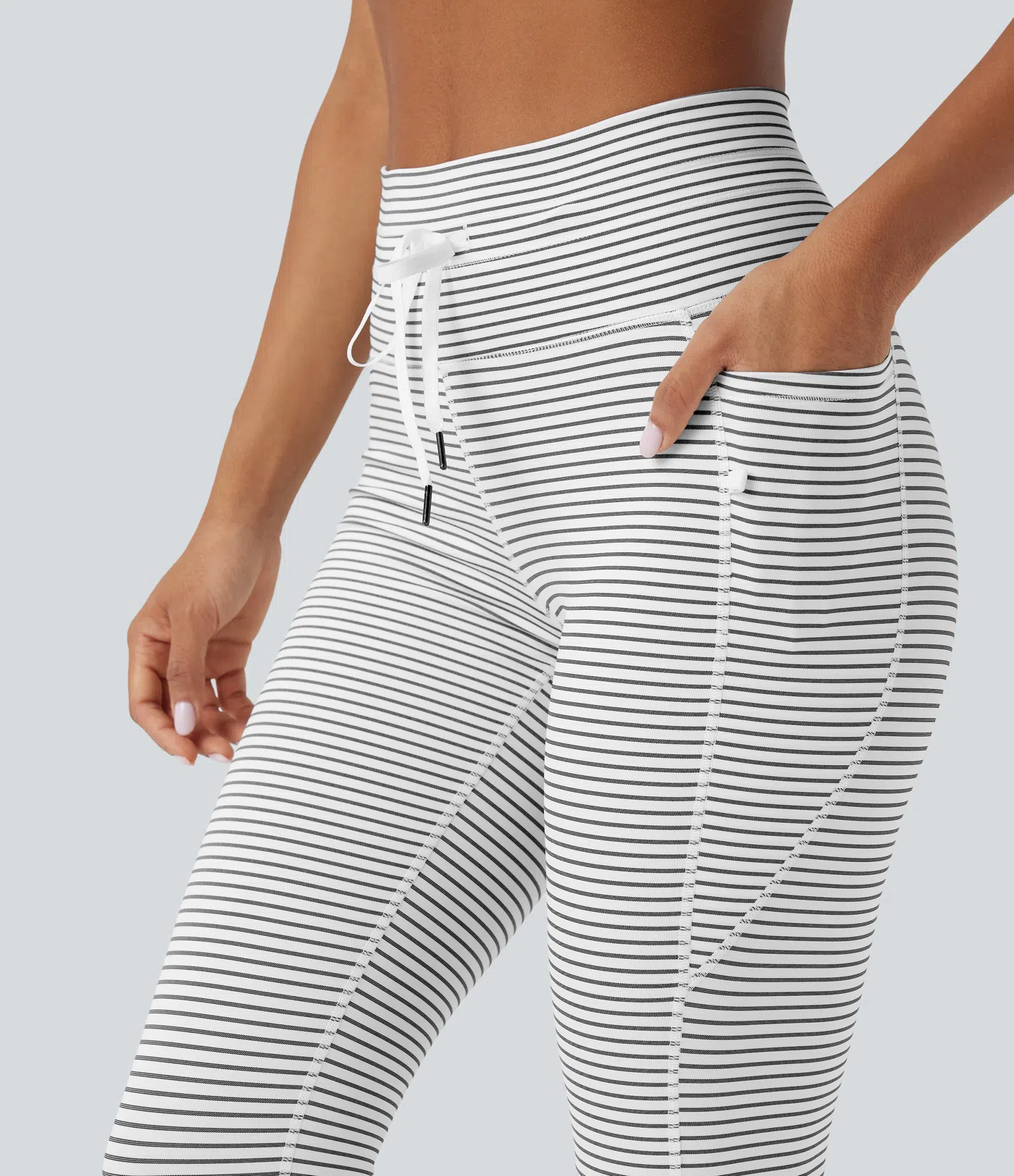 High Waisted Drawstring Striped Yoga Leggings with Pockets
