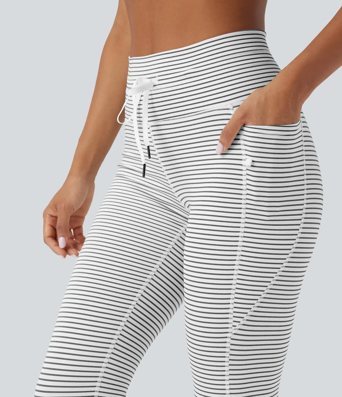 High Waisted Drawstring Striped Yoga Leggings with Pockets