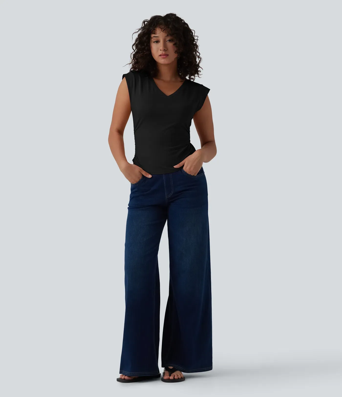 V-Neck Short-Sleeve Curved Hem Pleated Casual Tee