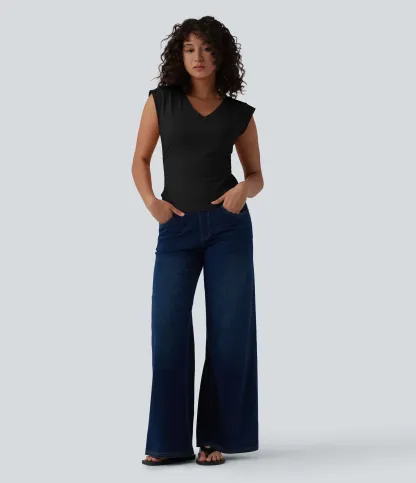 V-Neck Short-Sleeve Curved Hem Pleated Casual Tee