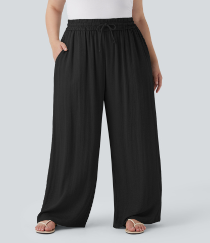 High Waisted Drawstring Linen-Feel Wide Leg Casual Plus Size Pants with Pockets