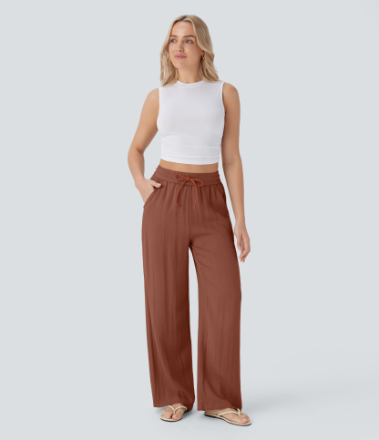High Waisted Drawstring Pocket Wide Leg Casual Linen-Feel Pants