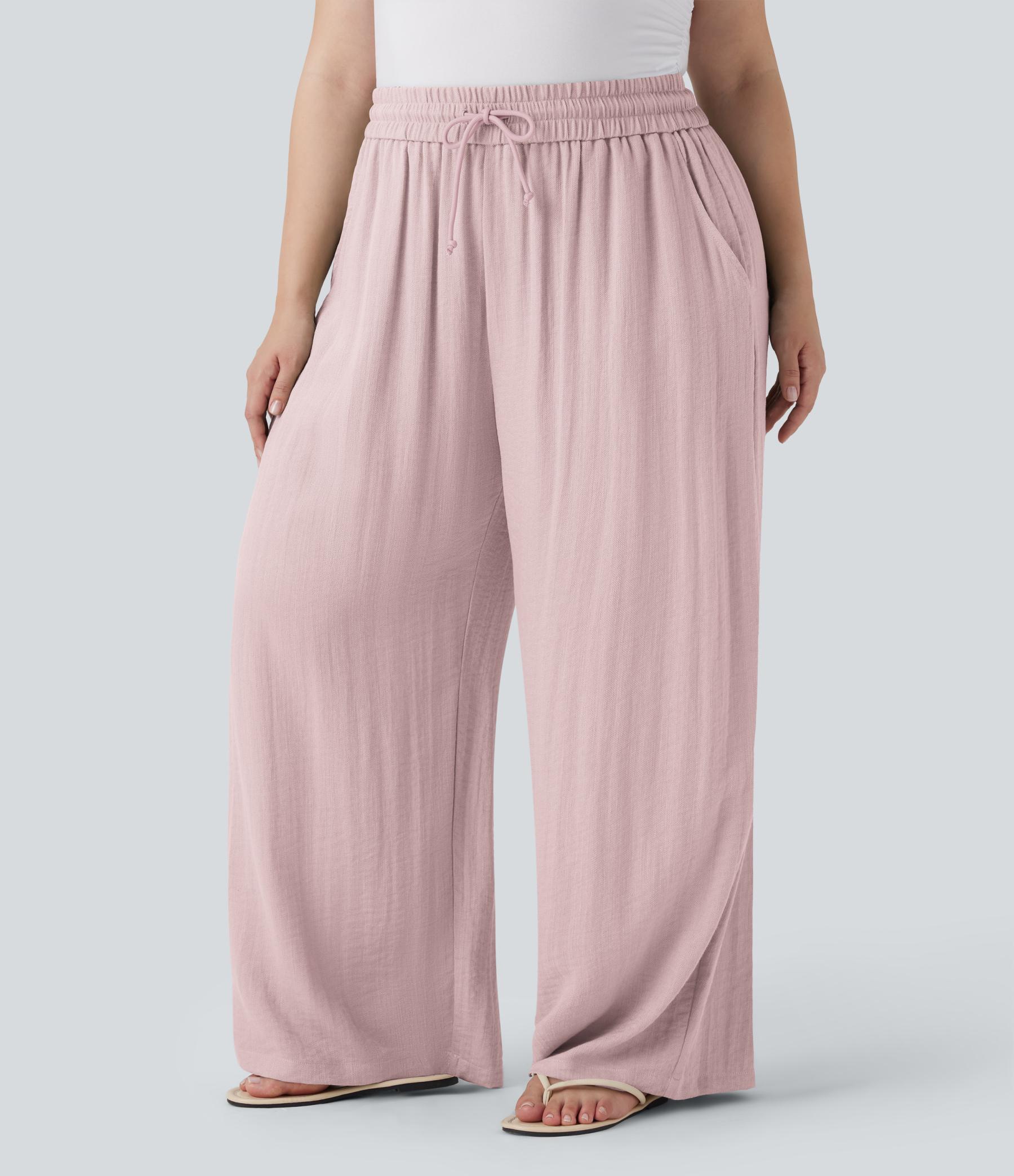 High Waisted Drawstring Linen-Feel Wide Leg Casual Plus Size Pants with Pockets