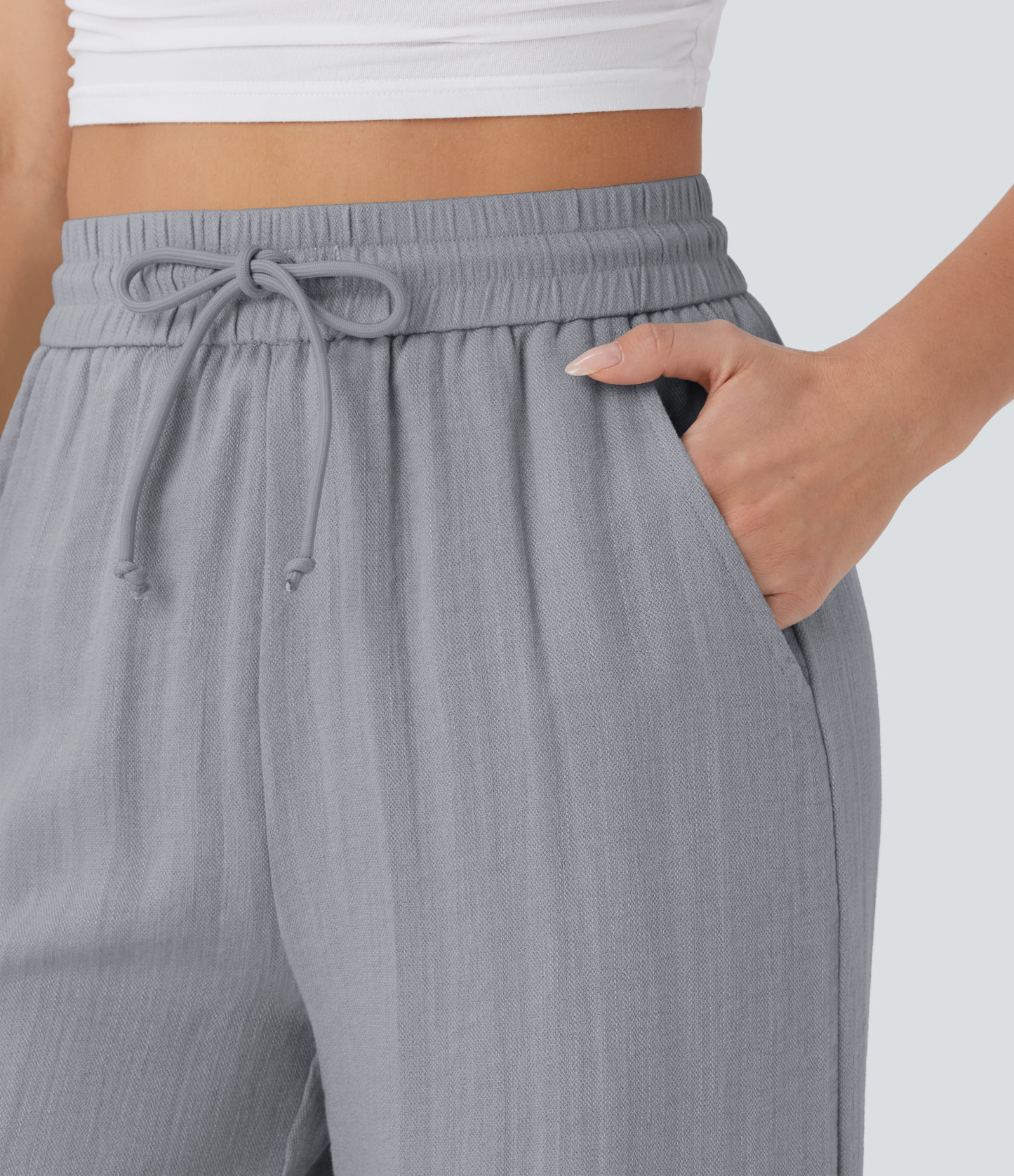 High Waisted Drawstring Pocket Wide Leg Casual Linen-Feel Pants