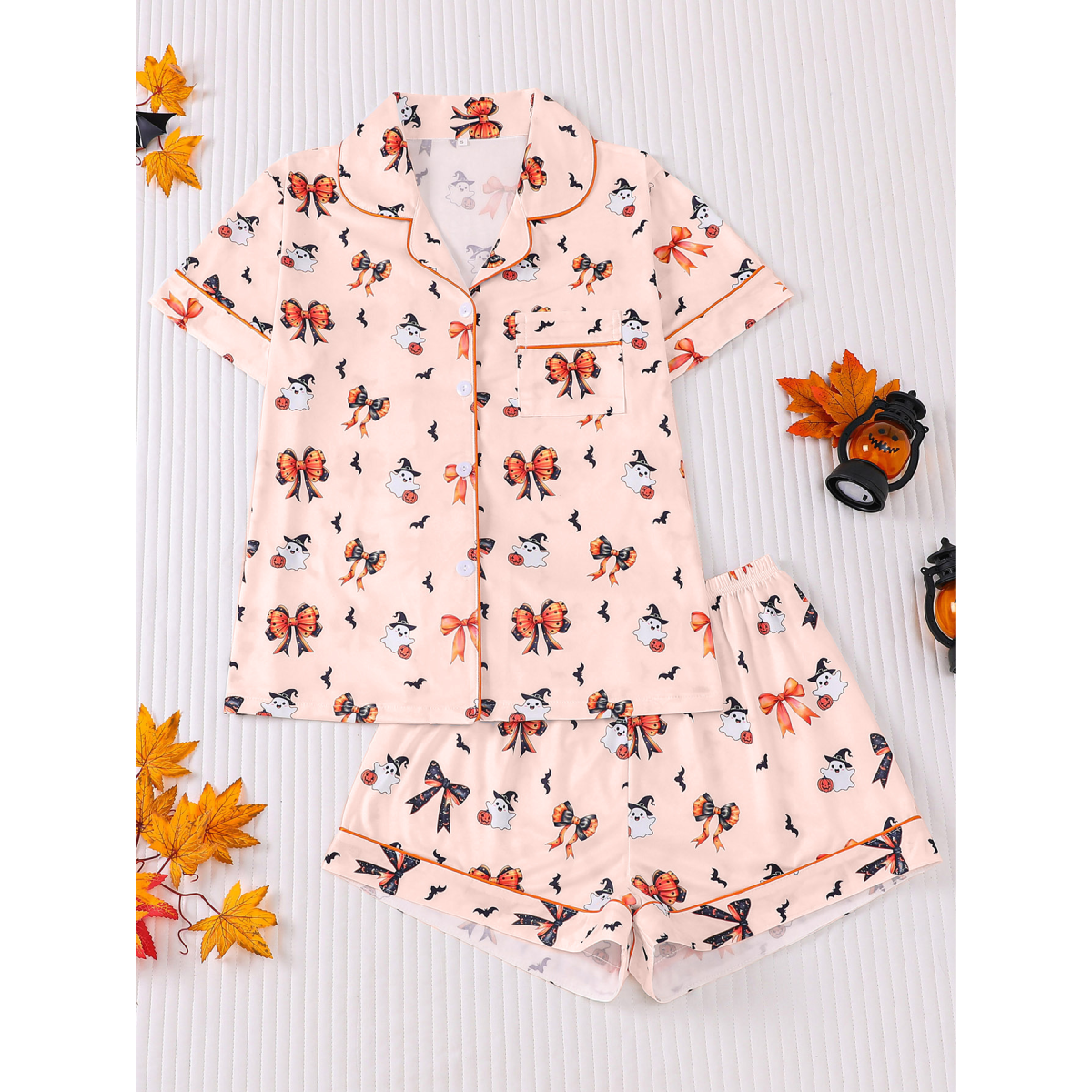 【Halloween】 Women's Halloween Cartoon Print Pajama Set, Cute Funny Sleepwear, Loungewear, 2-Piece Short Sleeve, Fitted, Above the Knee, All Seasons Gift, Top