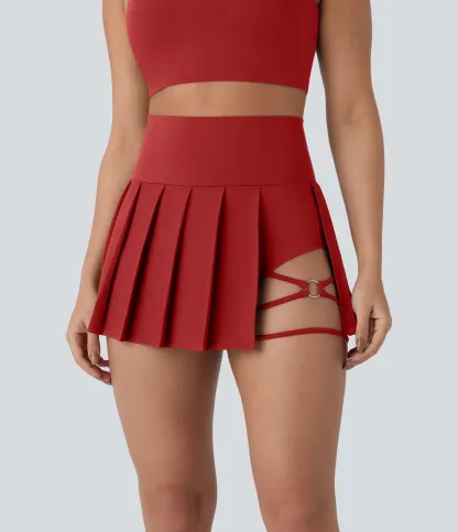 High Waisted Pleated 2-in-1 Side & Pocket Asymmetric Hem Quick Dry Mini Dance Skirt