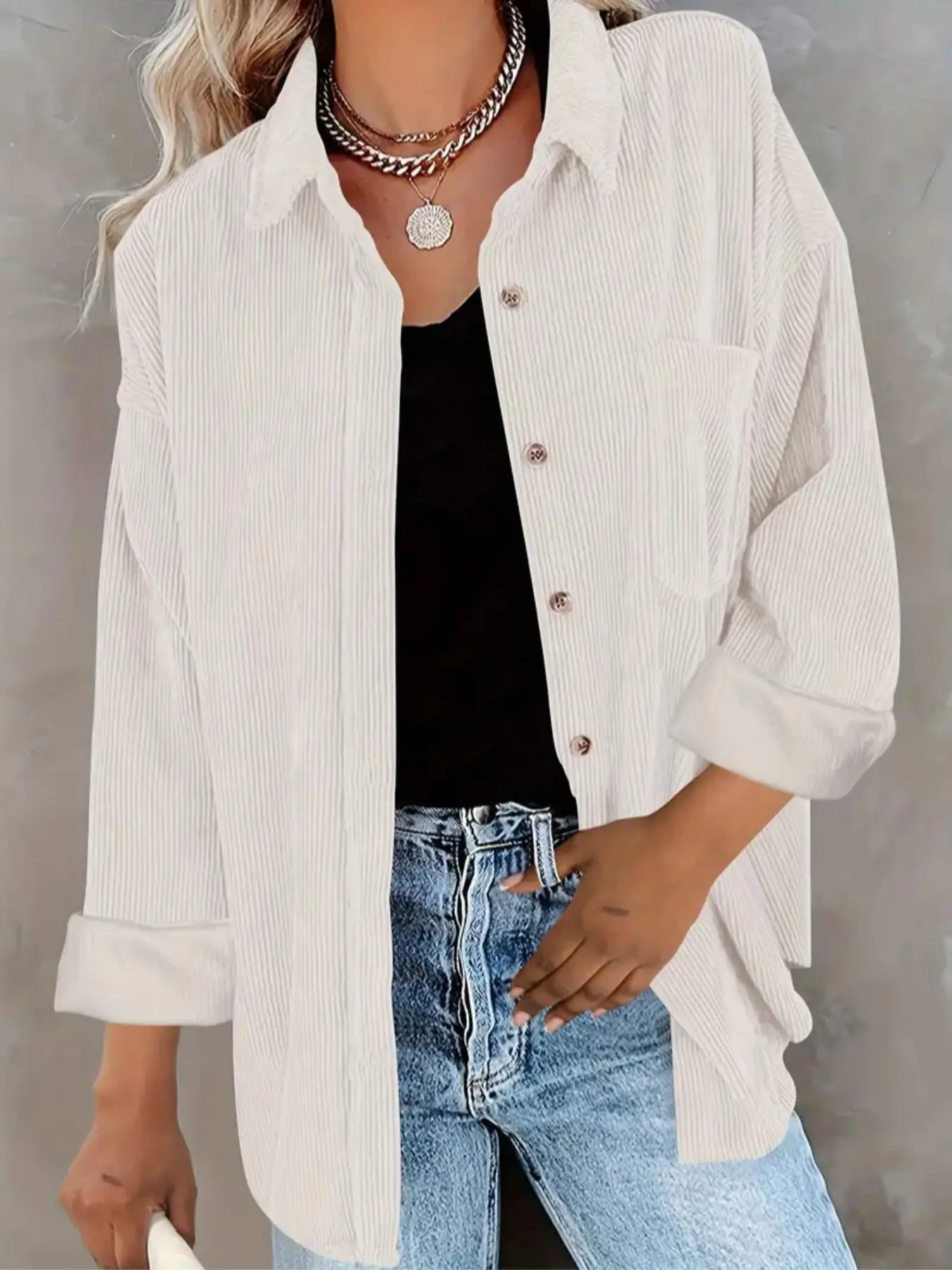 Women's Corduroy Shirt with Pocket - Drop Shoulder Style