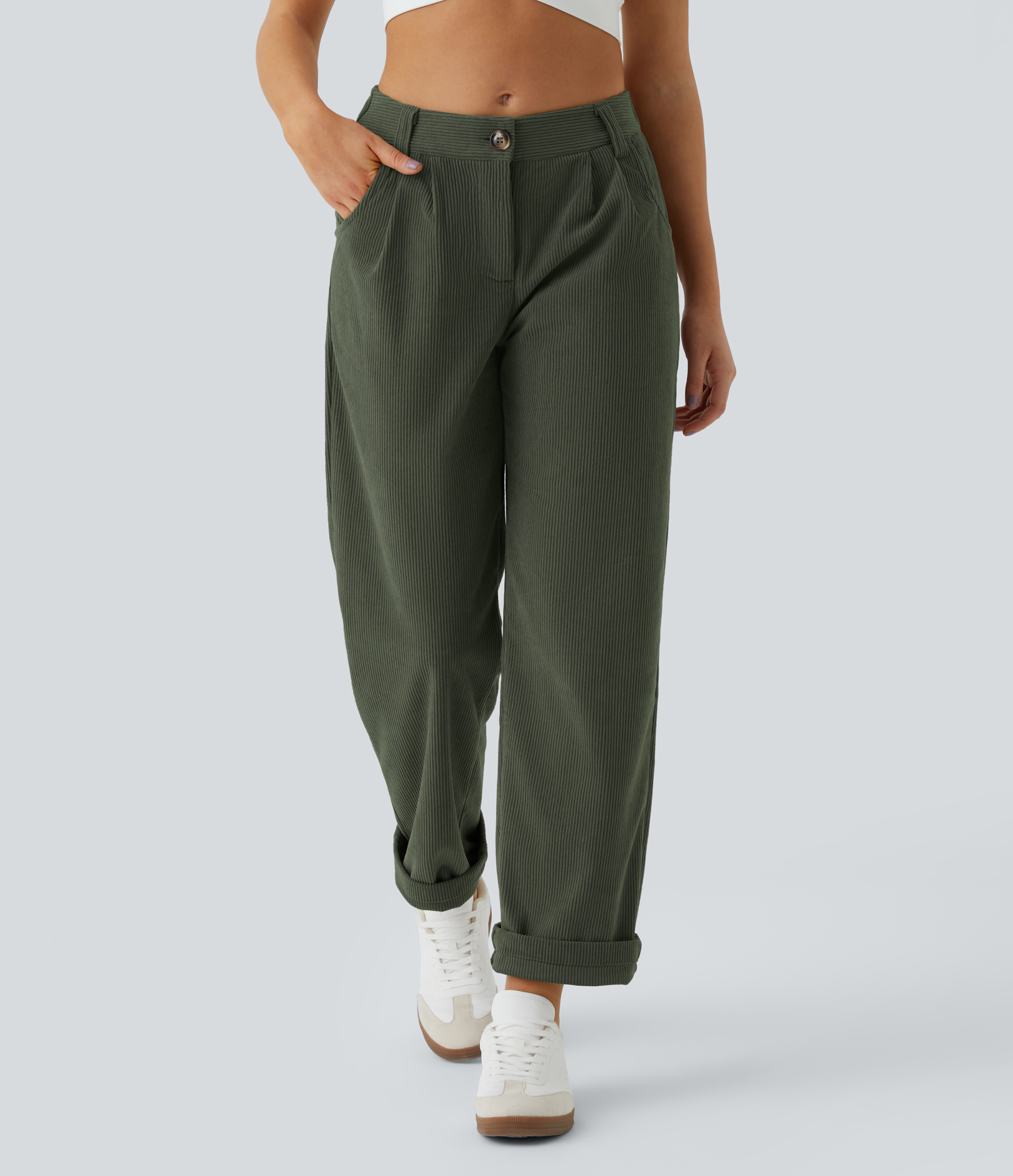 Mid Rise Zipper Pocket Corduroy Casual Pants