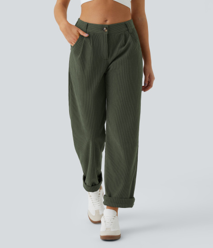 Mid Rise Zipper Pocket Corduroy Casual Pants