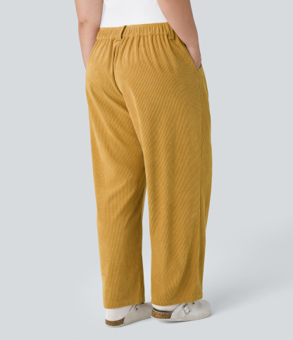 Mid Rise Zipper Pocket Plus Size Corduroy Casual Pants