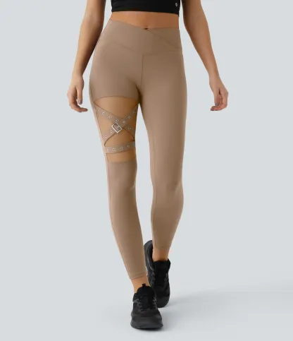 DayStretch High Waisted Crossover Contrast Mesh Decorative Buckle Yoga Leggings