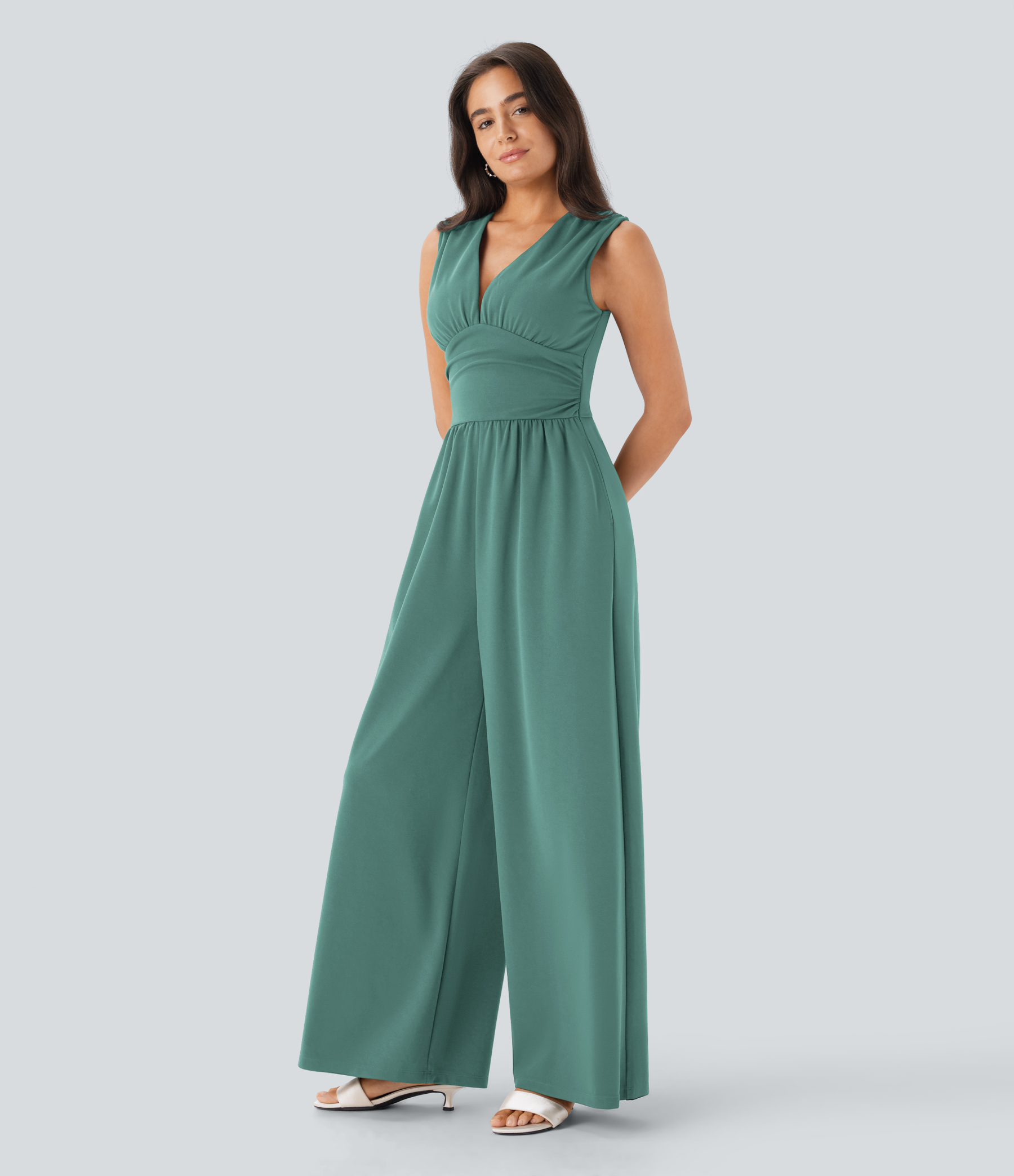 V Neck Sleeveless Ruched Pocket Jumpsuit-Easy Peezy