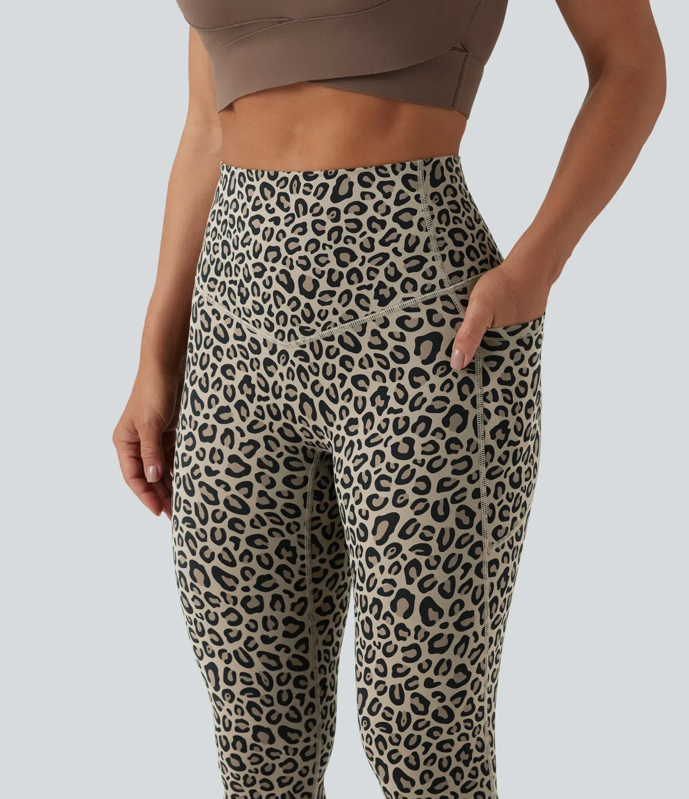 Leopard Print High Waisted Tummy Control Yoga Leggings with Pockets