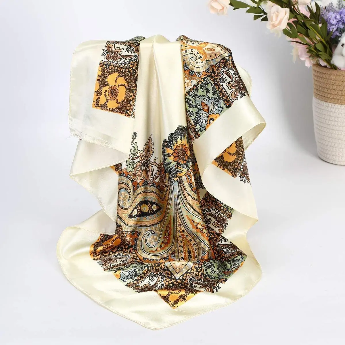 4 Pack Shawl Scarf Set for Women, 35" Large Square Silk-Like Satin Head Wrap, Allover Print Fashion Neck Shawl Accessories for Women, Floral Print Scarf, Decorative Scarf