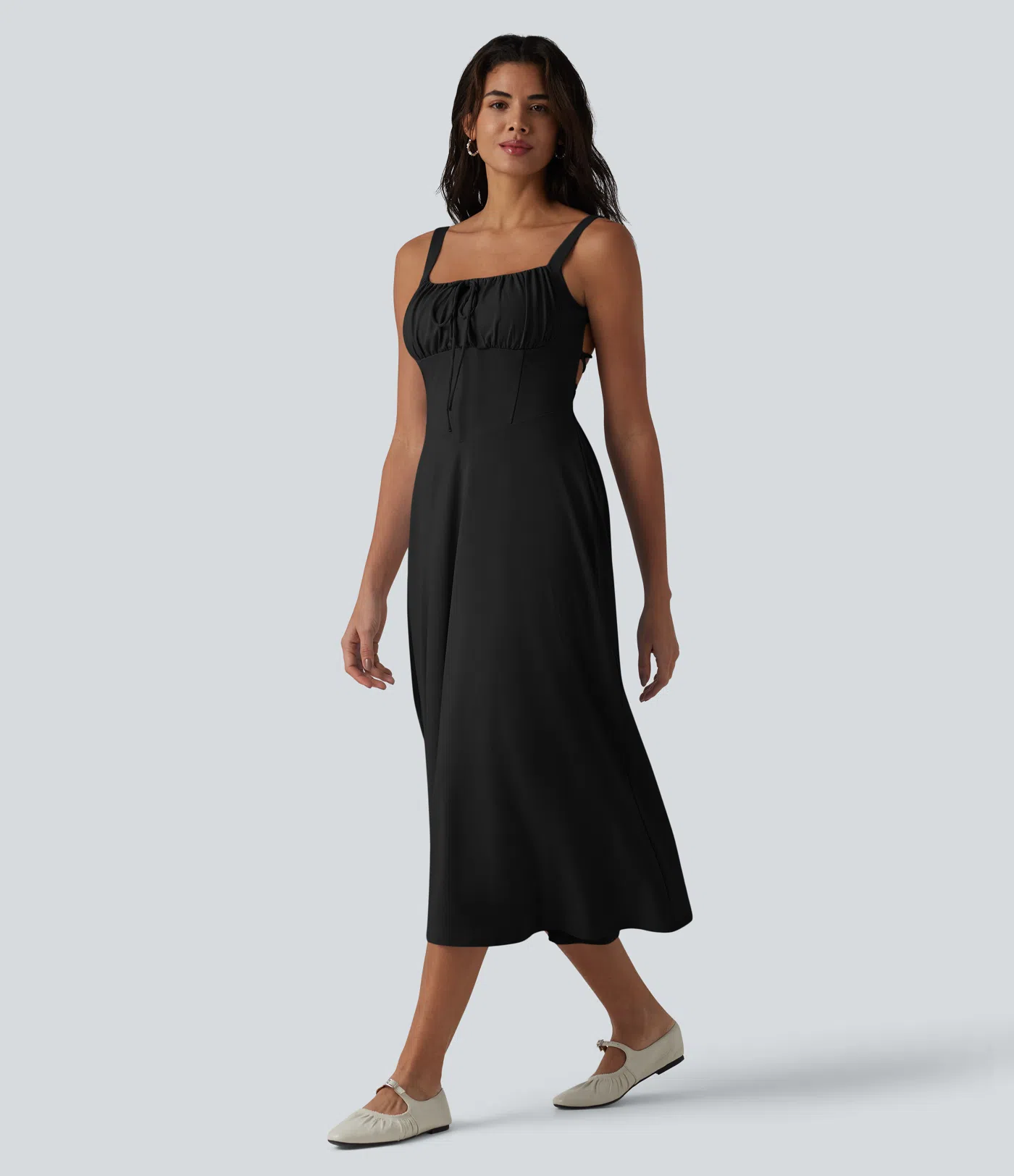 Crisscross Backless Square Neck Sleeveless Ruched Built-in Bra Midi Resort Flowy Dress