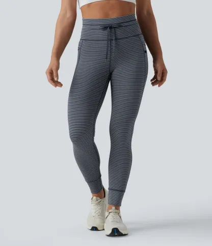 High Waisted Drawstring Striped Yoga Leggings with Pockets