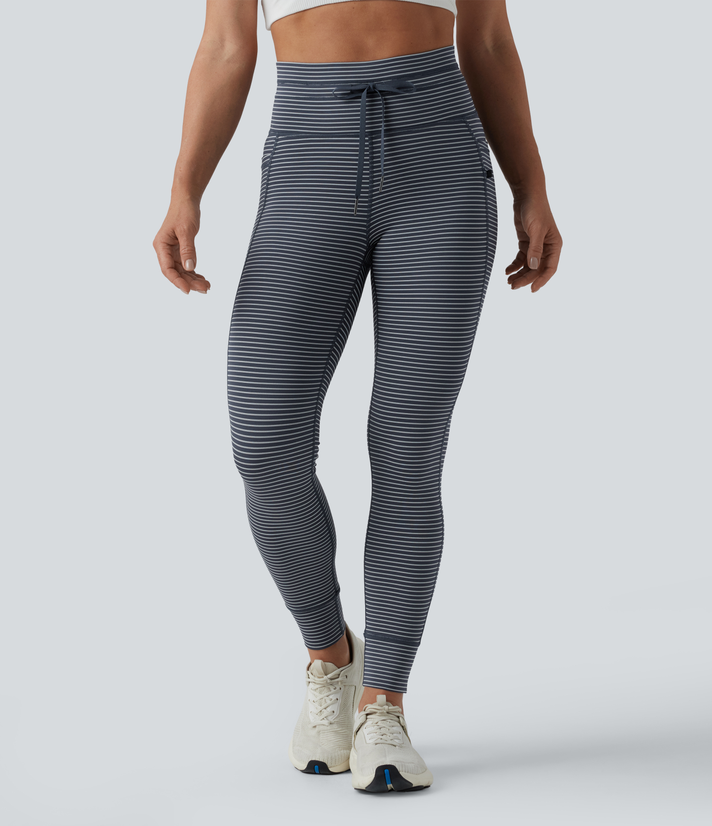 High Waisted Drawstring Striped Yoga Leggings with Pockets
