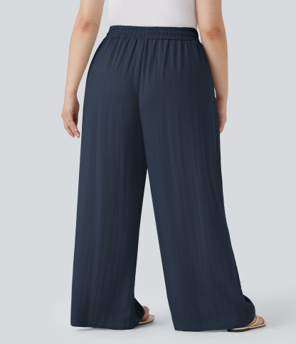 High Waisted Drawstring Linen-Feel Wide Leg Casual Plus Size Pants with Pockets