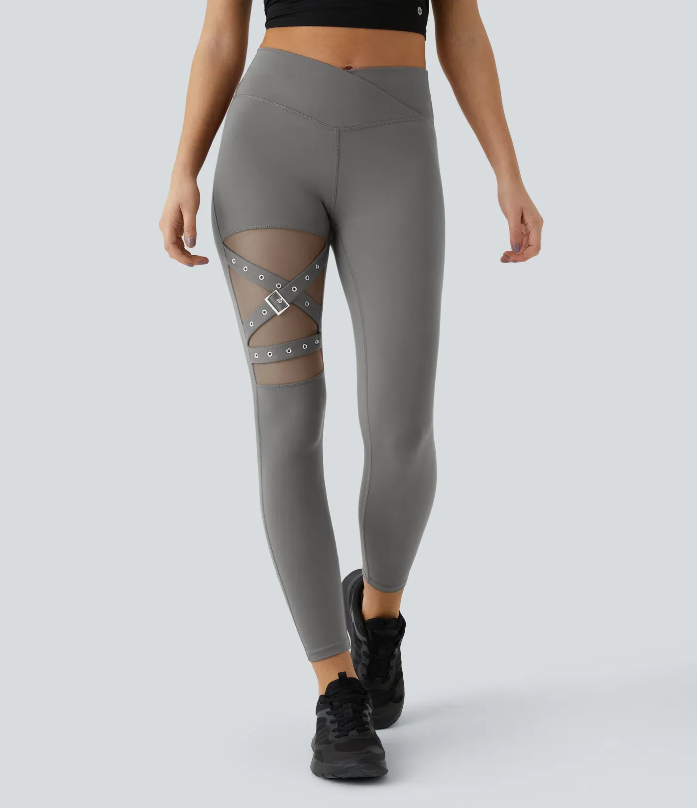 DayStretch High Waisted Crossover Contrast Mesh Decorative Buckle Yoga Leggings