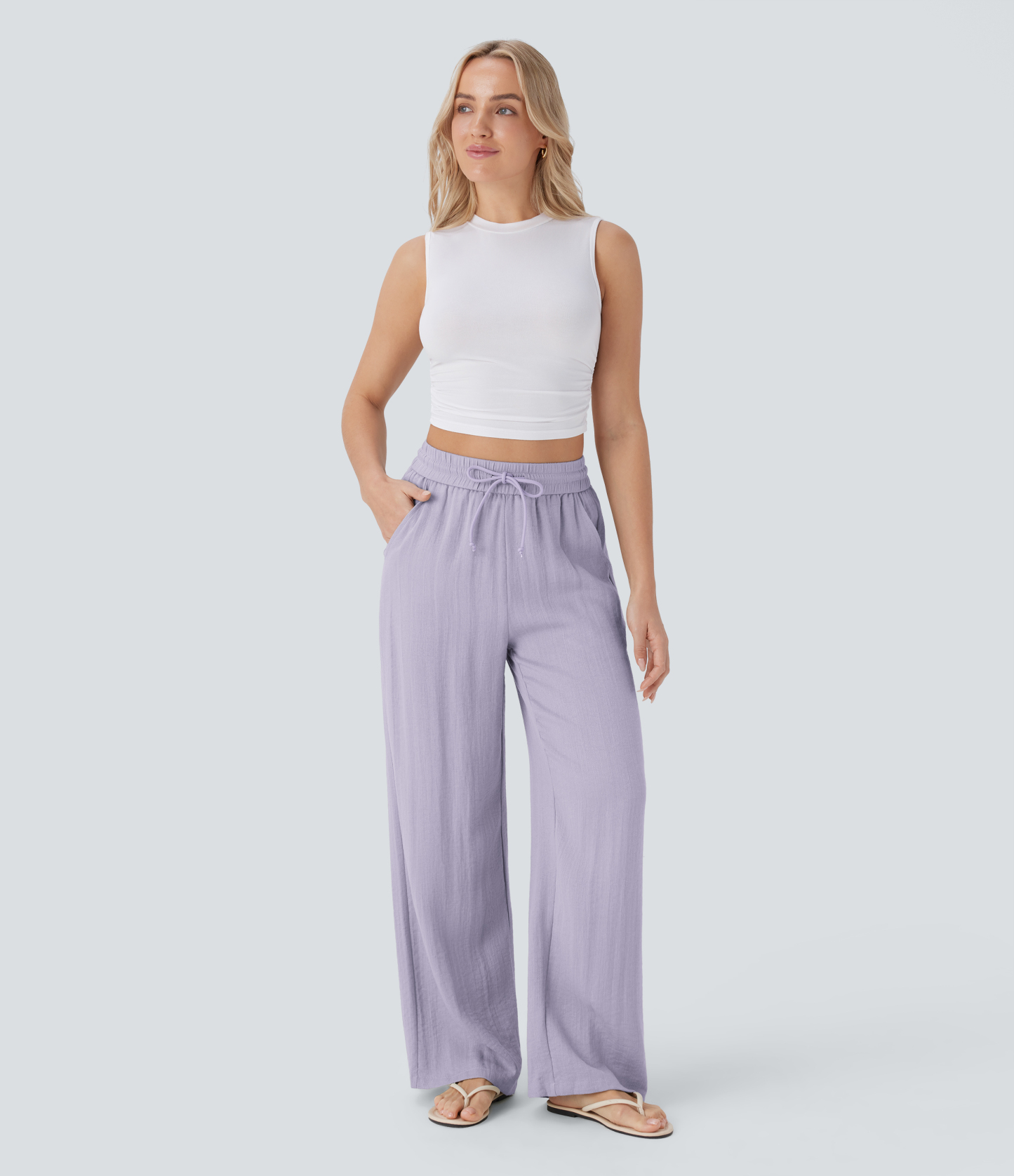 High Waisted Drawstring Pocket Wide Leg Casual Linen-Feel Pants
