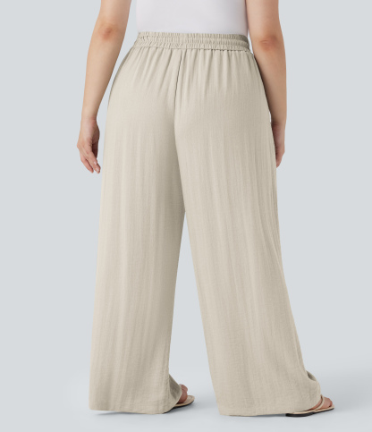 High Waisted Drawstring Linen-Feel Wide Leg Casual Plus Size Pants with Pockets