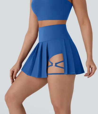 High Waisted Pleated 2-in-1 Side & Pocket Asymmetric Hem Quick Dry Mini Dance Skirt