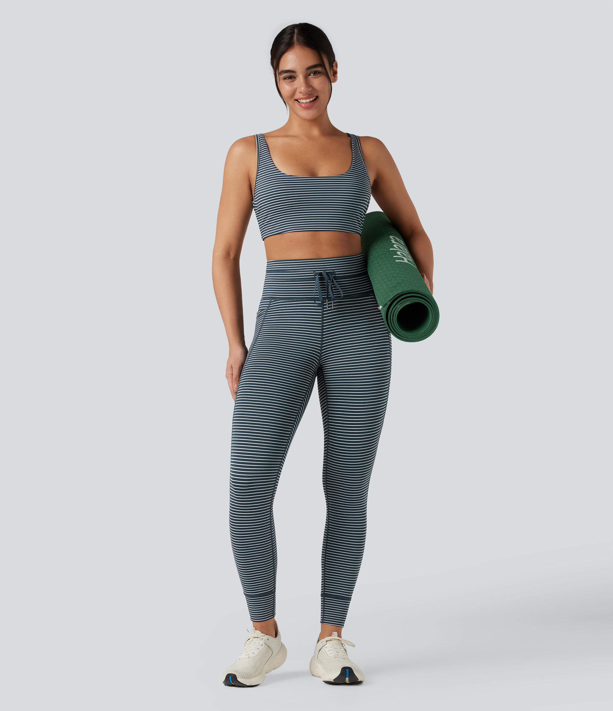 High Waisted Drawstring Striped Yoga Leggings with Pockets