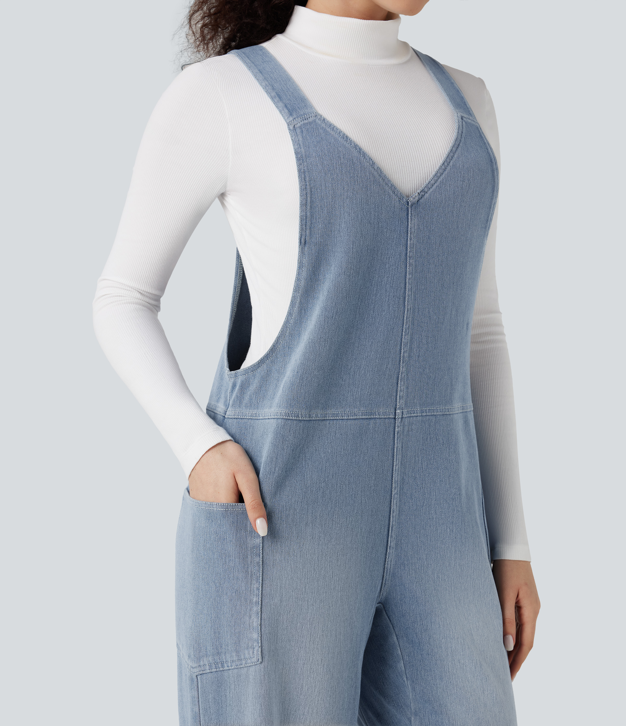 V Neck Pocket Washed Denim Casual Overalls