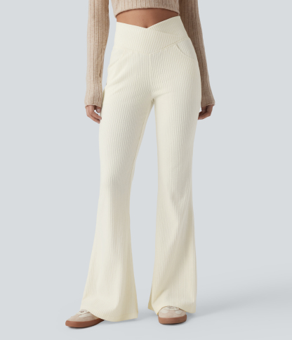 Ribbed Knit Crossover High Waisted Pocket Casual Flare Pants