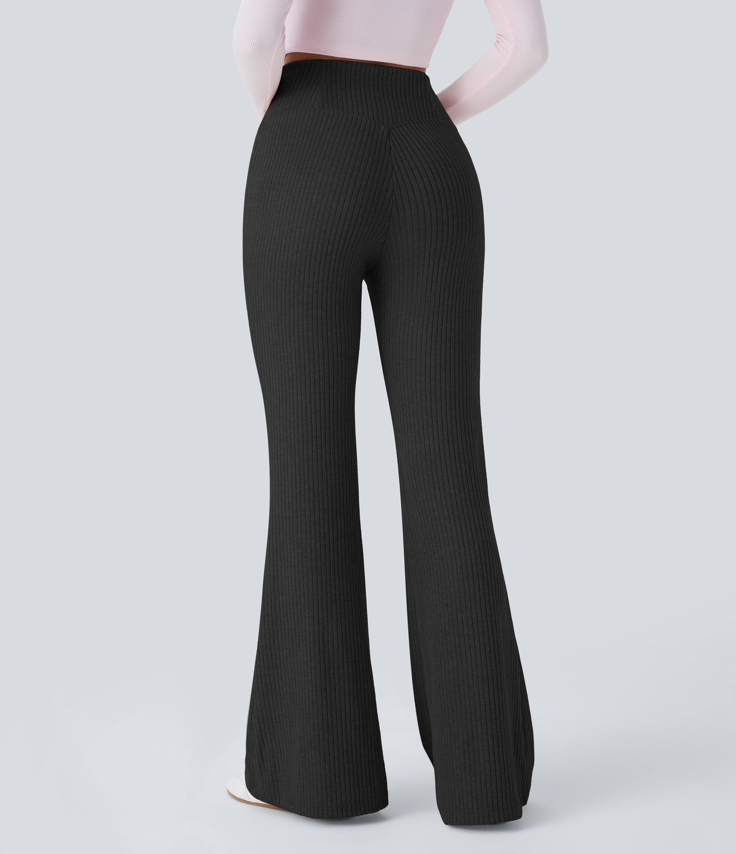 Ribbed Knit Crossover High Waisted Pocket Casual Flare Pants