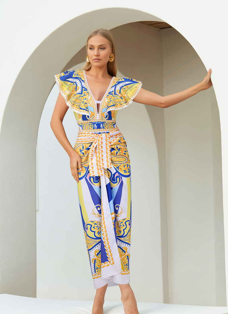 Ruffle V Neck Pattern Print One Piece Swimsuit and Sarong or Pants