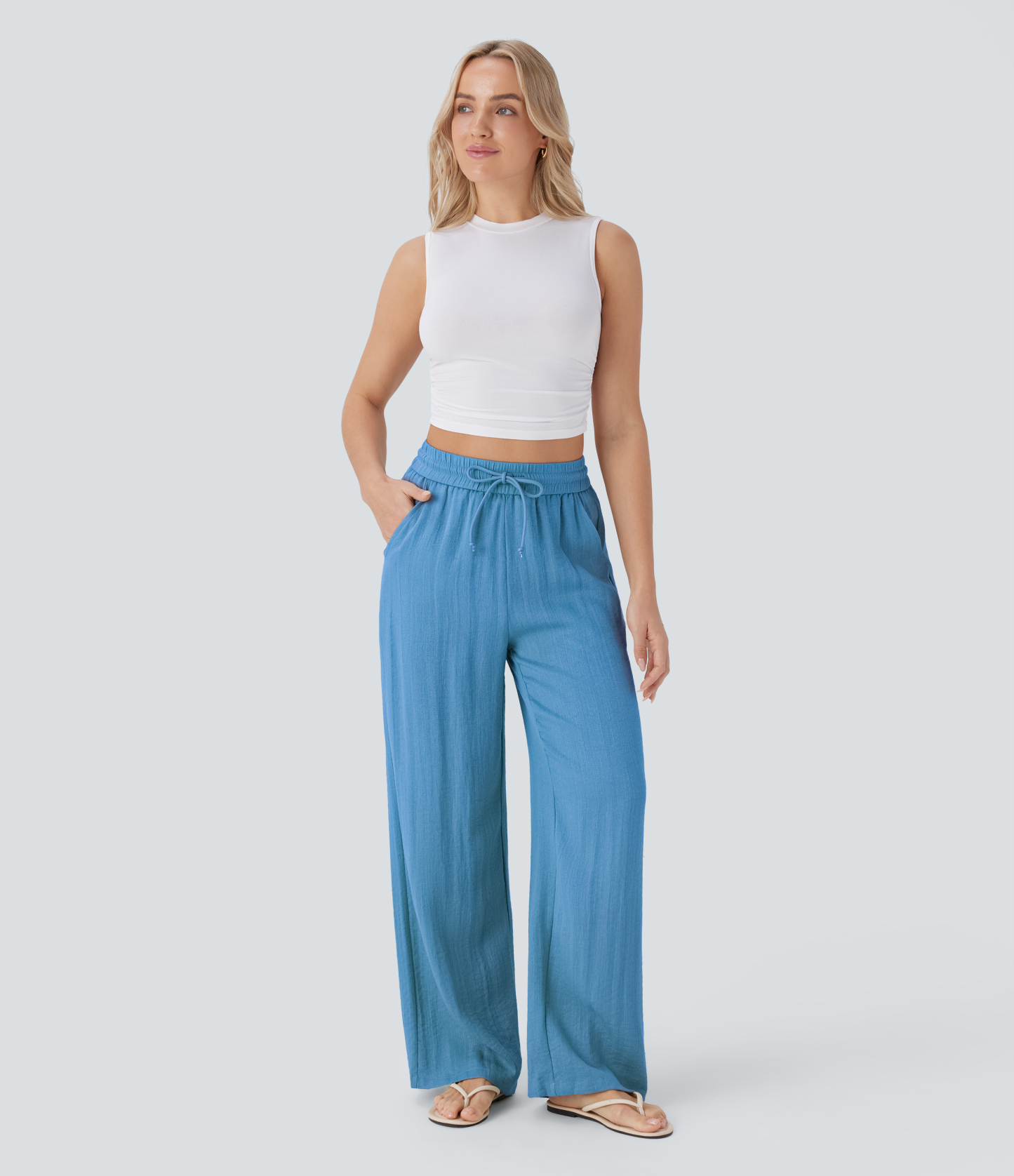 High Waisted Drawstring Pocket Wide Leg Casual Linen-Feel Pants