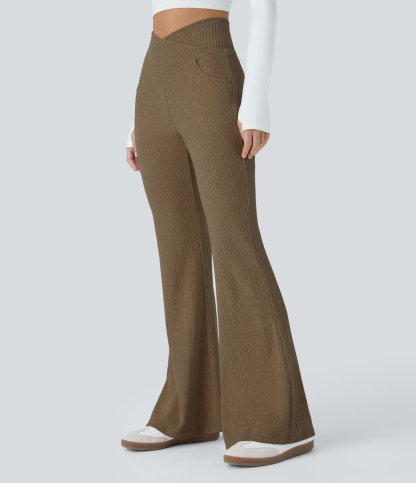 Ribbed Knit Crossover High Waisted Pocket Casual Flare Pants