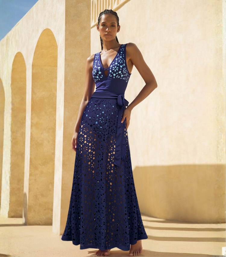 Laser Hollow Out One Piece Swimsuit and Skirt