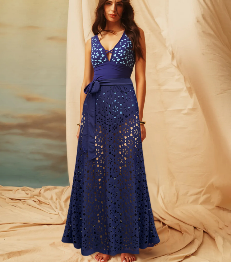Laser Hollow Out One Piece Swimsuit and Skirt
