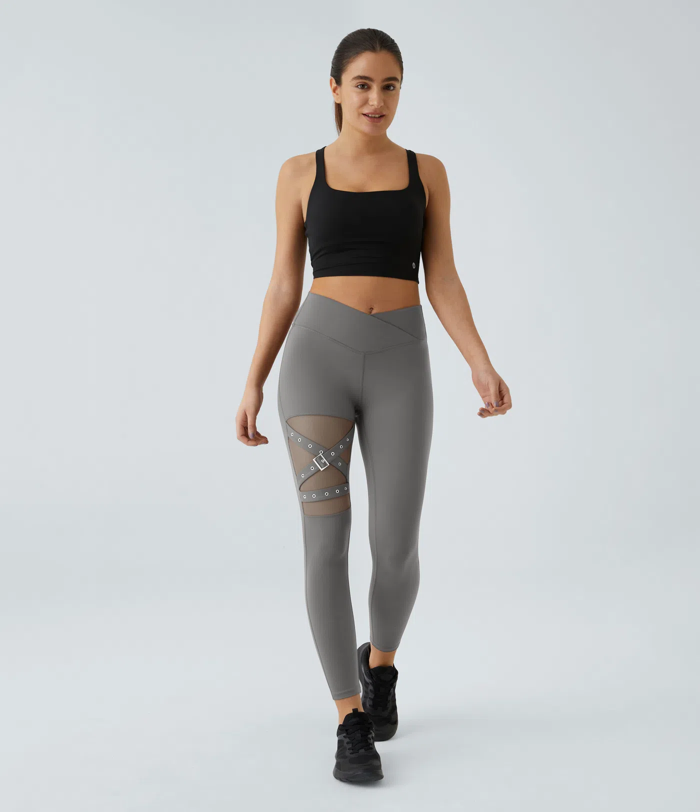 DayStretch High Waisted Crossover Contrast Mesh Decorative Buckle Yoga Leggings