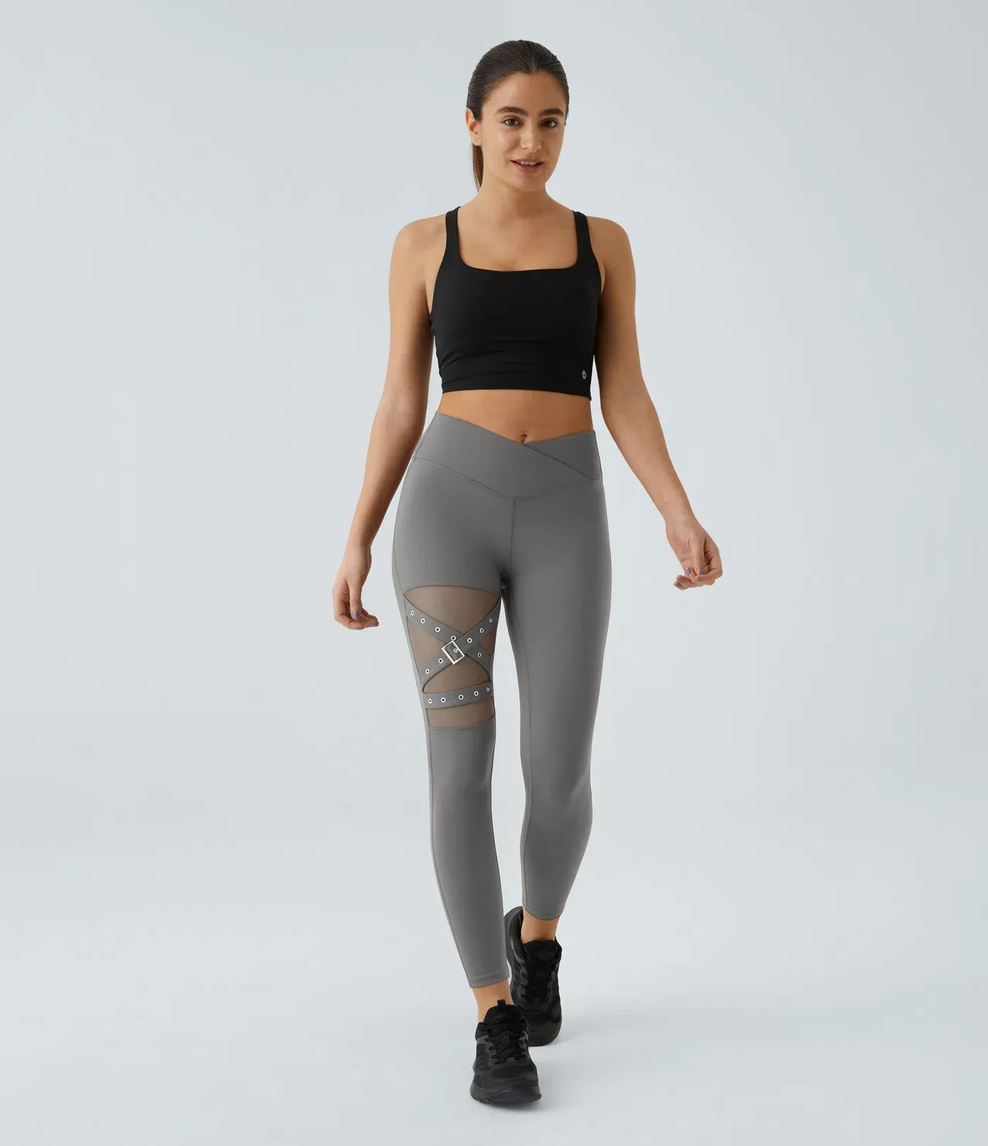 DayStretch High Waisted Crossover Contrast Mesh Decorative Buckle Yoga Leggings