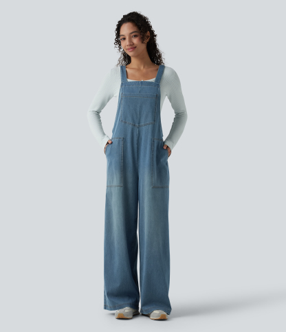 Square Neck Washed Denim Casual Overalls with Pockets