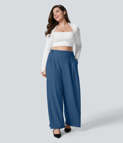 High Waisted Pocket Wide Leg Waffle Work Plus Size Pants