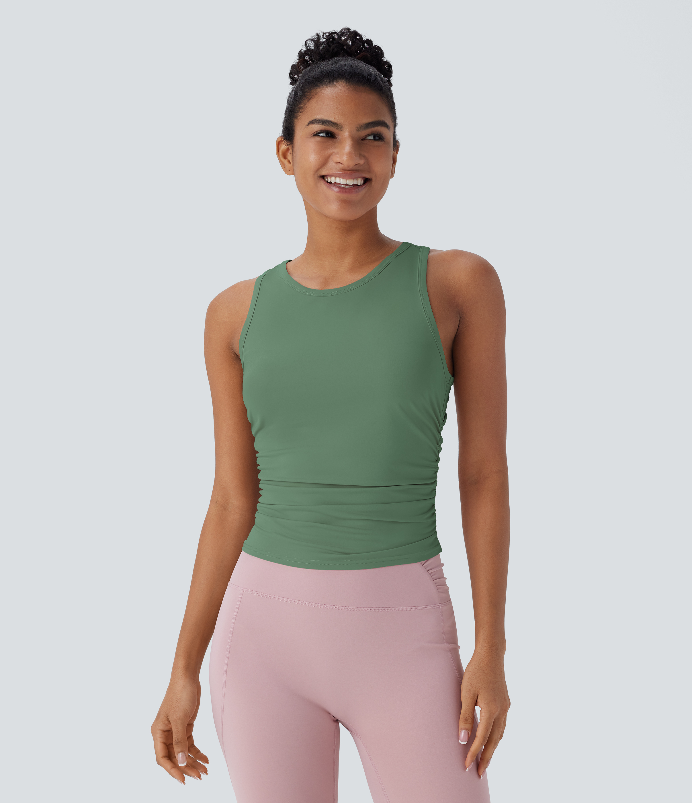 Round Neck Racerback Ruched Yoga Tank Top