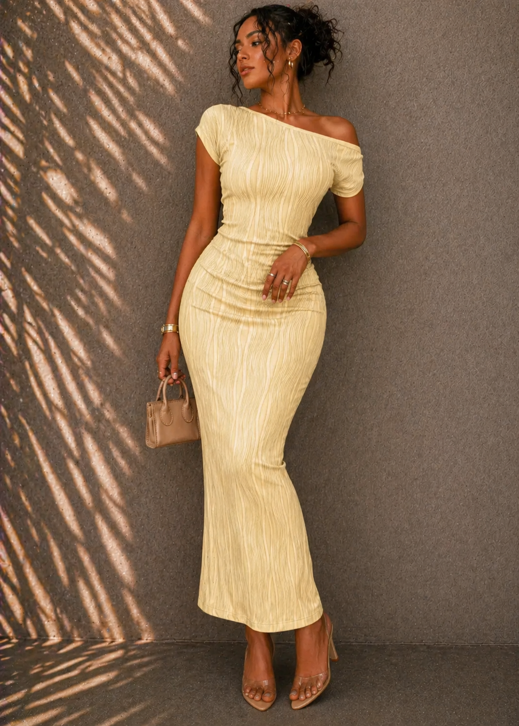 One Shoulder Ripple Bodycon Maxi Dress