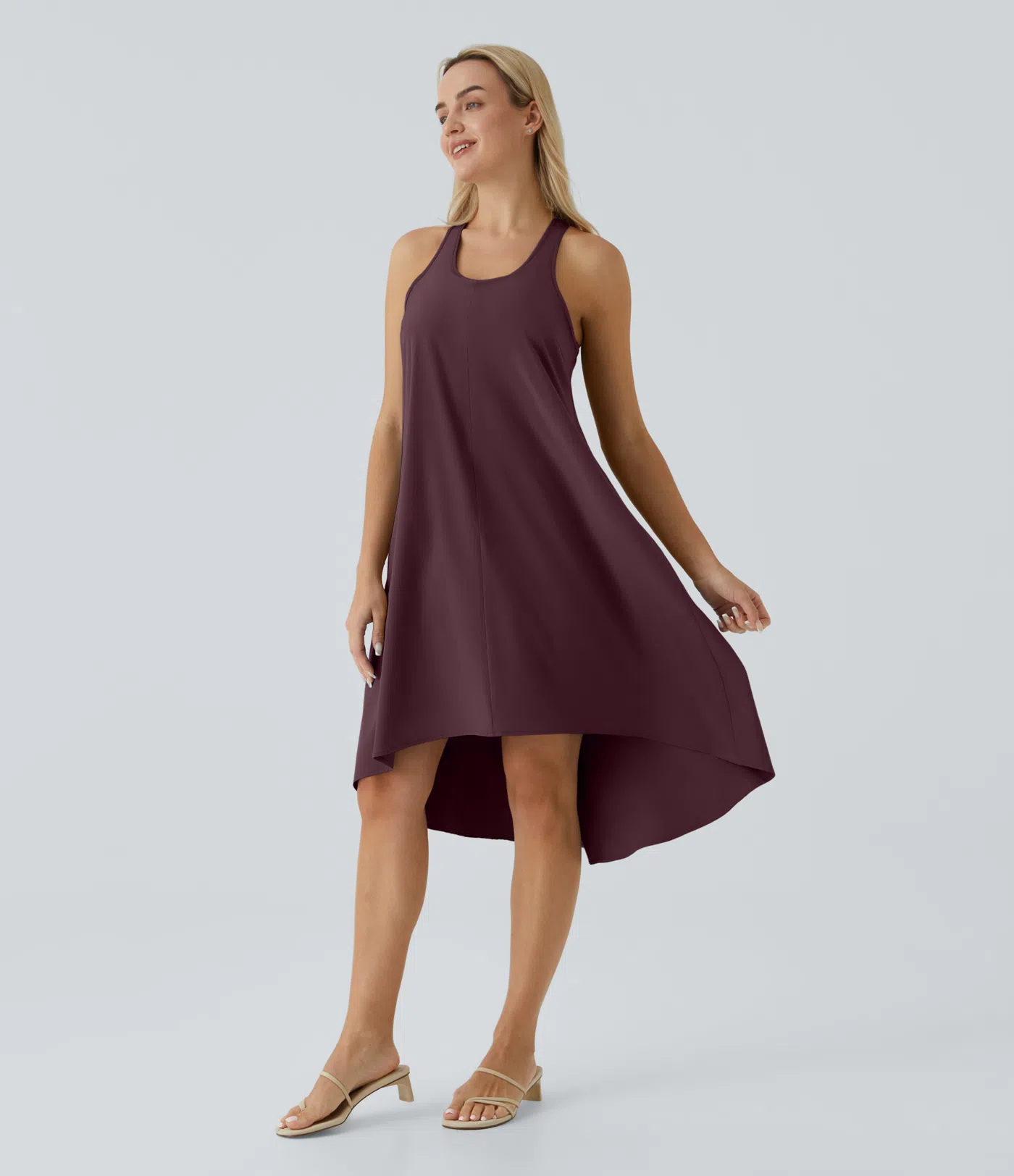 Backless Side-Pocket High-Low Hem Flowy Mid-Length Quick-Drying Casual Dress