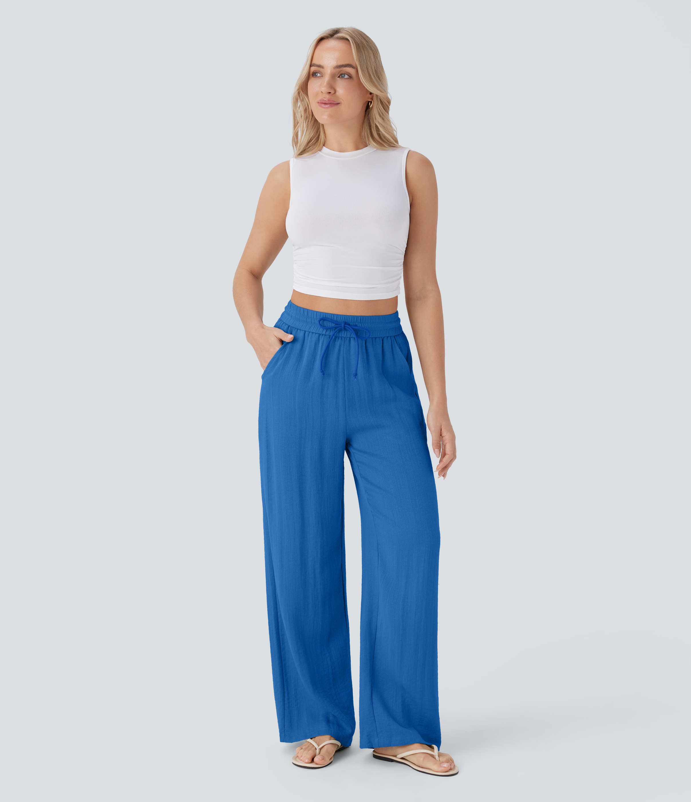 High Waisted Drawstring Pocket Wide Leg Casual Linen-Feel Pants