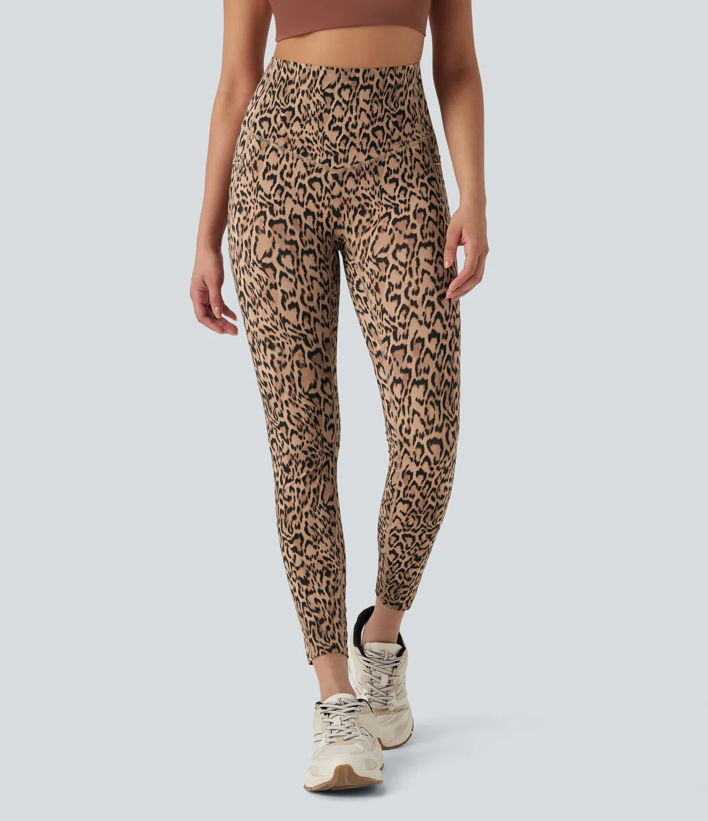 Leopard Print High Waisted Tummy Control Yoga Leggings with Pockets