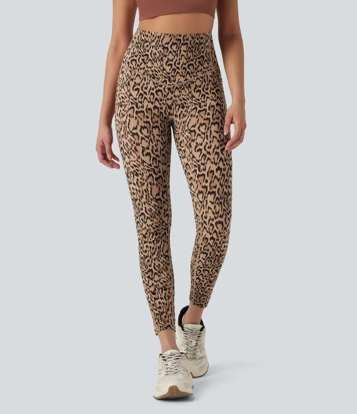Leopard Print High Waisted Tummy Control Yoga Leggings with Pockets