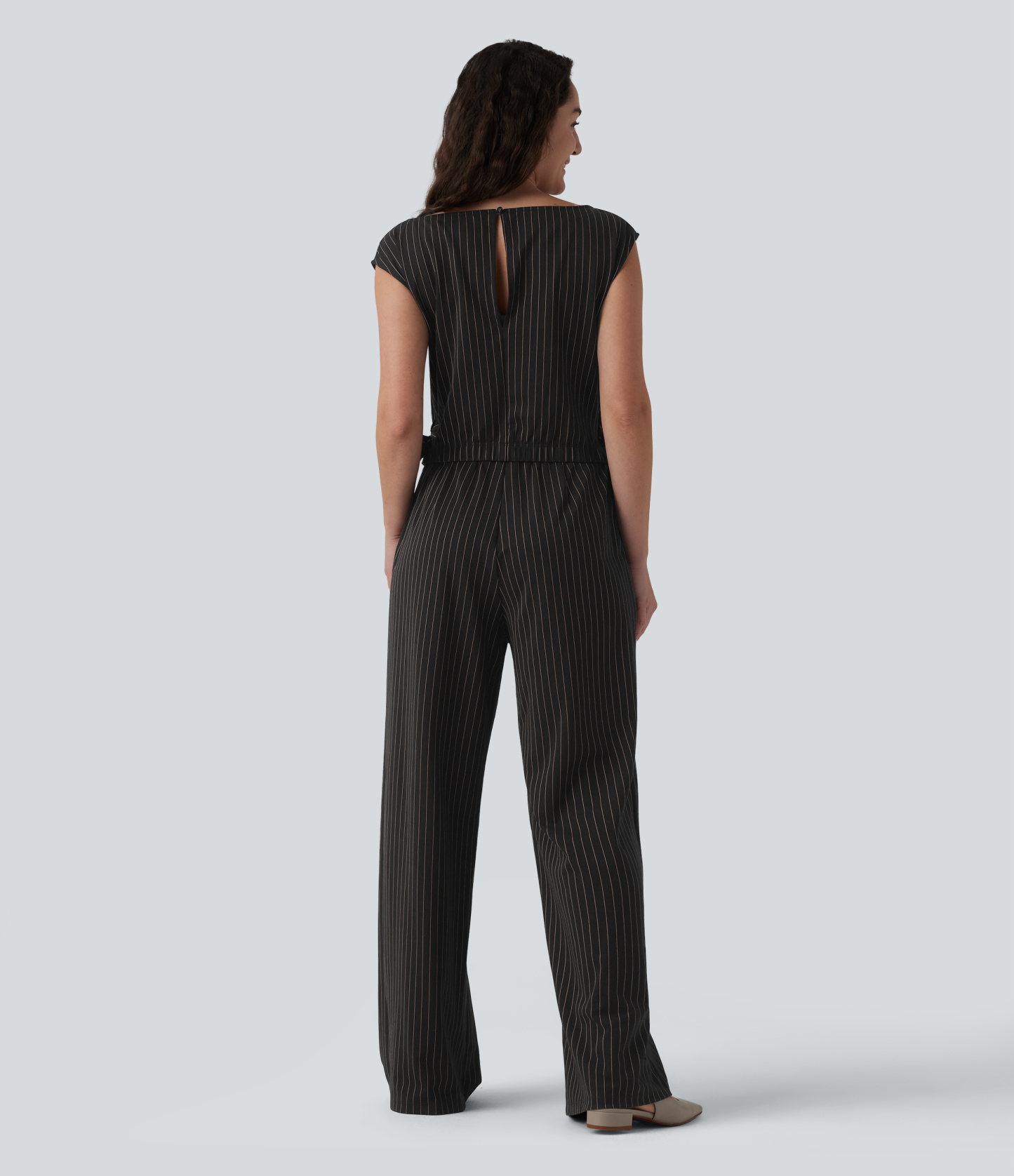 Boat Neck Sleeveless Tie Side Cool Touch Stripe Work Jumpsuit with Pockets-Easy Peezy Edition